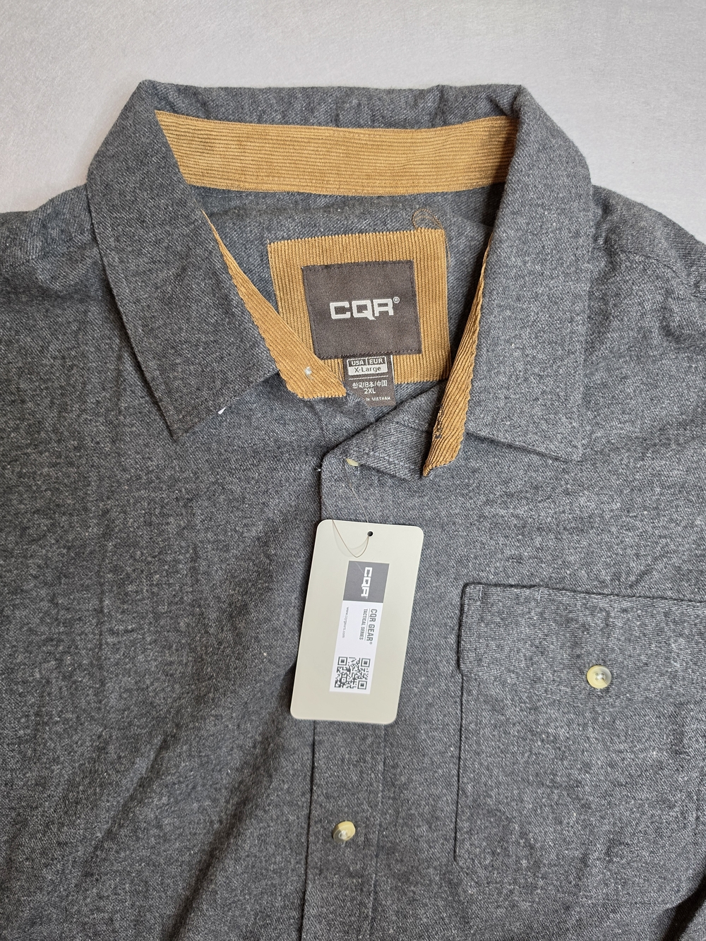 NWT CQR Tactical Gear Flannel Shirt Mens 2XL Gray Flip Cuff Corduroy Cotton